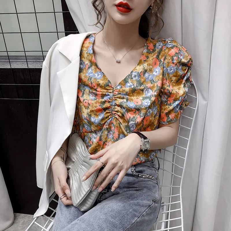 Tops For Women Summer 2020 Vintage Korean V Neck Ruched Flower Short Sleeve Chiffon Floral Print Blouse Shirt Top Women Clothing