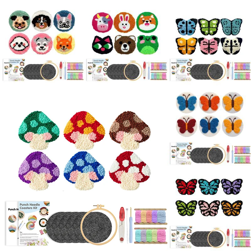 

GATYZTORY 6pc/Set Cartoon Pattern Punch Needle Coasters Kit Easy Wool Poke Needle Embroidery Set Making Tufted Mug Rug Pads