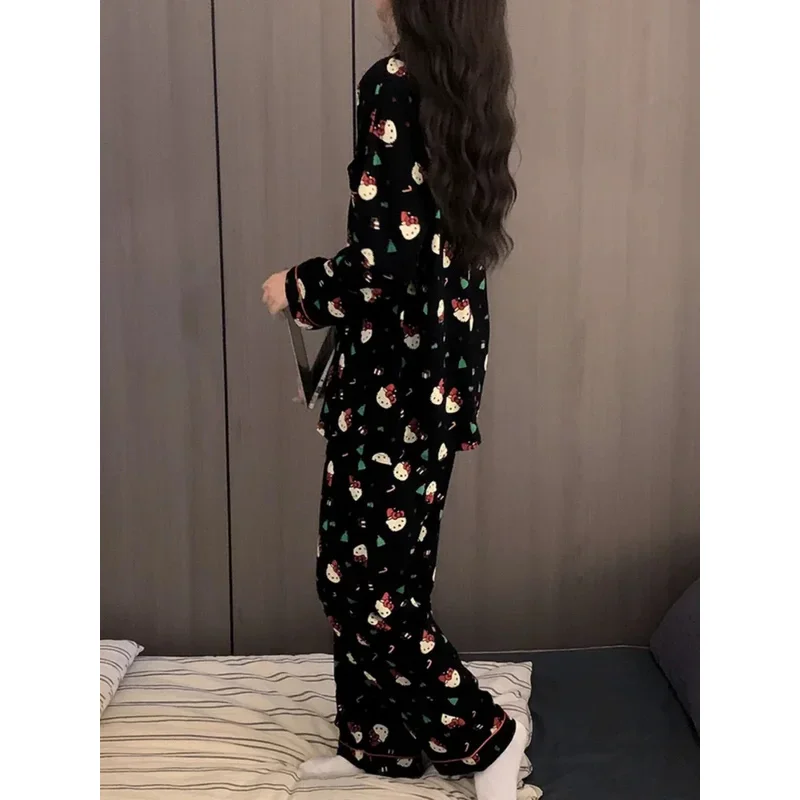 2 unids/set Navidad Hello Kitty conjunto de pijama Anime lindo mujer ropa de hogar pijamas casuales de dibujos animados pareja ropa de dormir ropa de descanso