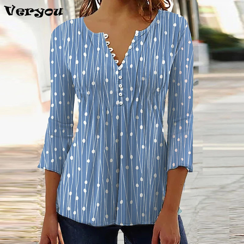 2023 Graphical Print Shirts for Women Women Spring Summer 3/4 Sleeve V Neck Buttons Blouse Shirt Ladies Long Sleeve Tops