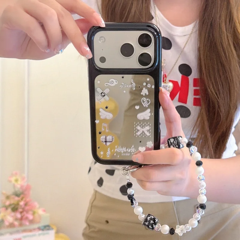 

Korean Cute Bowknot Wing Mirror Phone Case For iPhone 17 Pro 16 15 14 Pro Max Cover with Chain Shockproof Cartoon Protective Cas