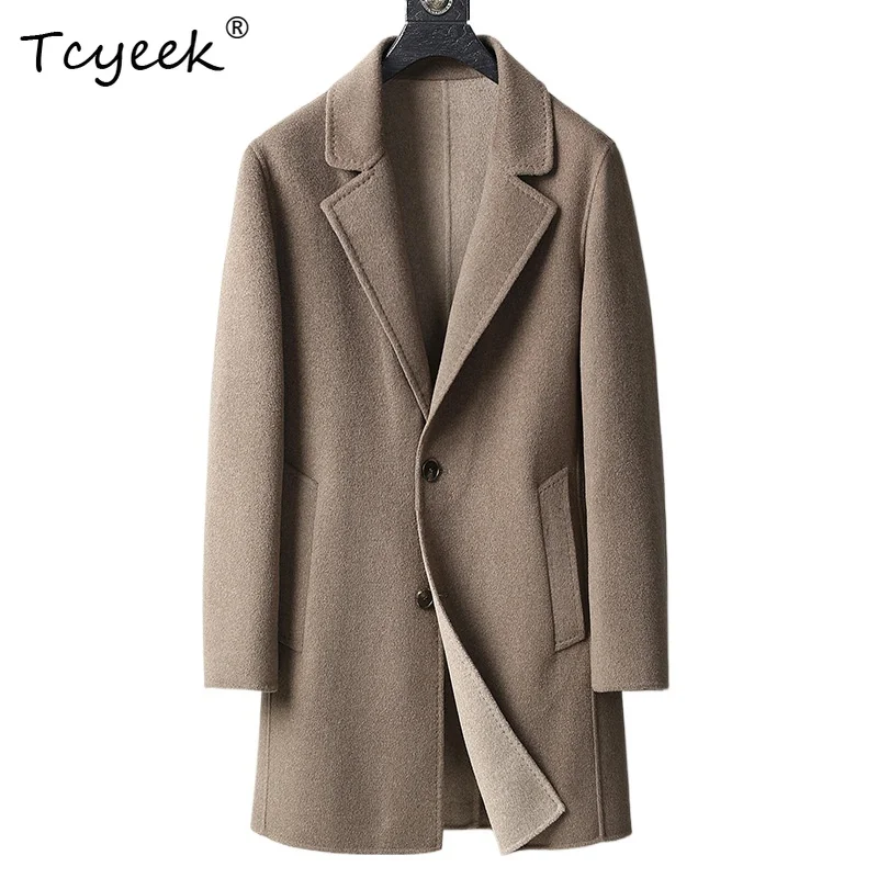 

Tcyeek Real 100% Wool Sprign Autumn High End British Suit Collar Solid Color Mid Length Men's Wool Coat Пальто Женское Длинное