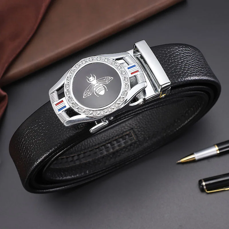 

Men's pu leather automatic buckle belt for men diamond bee buckle male belt luxury brand