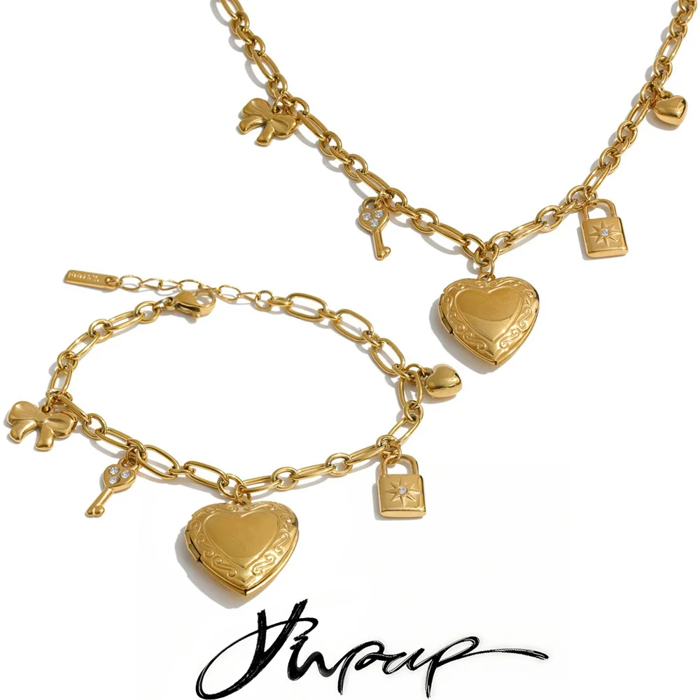 Yhpup High Quality Stainless Steel Charm Pendant Open Heart Put a Photo Necklace Bracelet Set PVD Plated Popular Fashion Jewelry