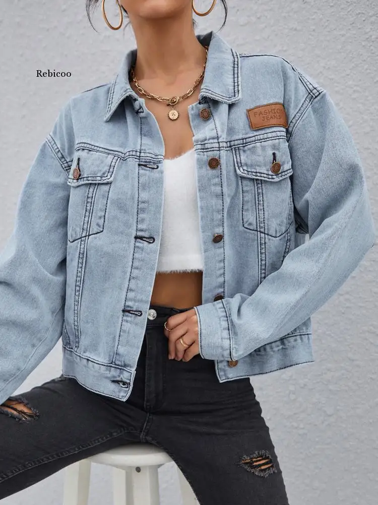 Flap Pocket Patched Button Up Denim Jacket Women Jean Jacket Casual Slim Long Sleeve Denim Coat oversize Denim Jacket