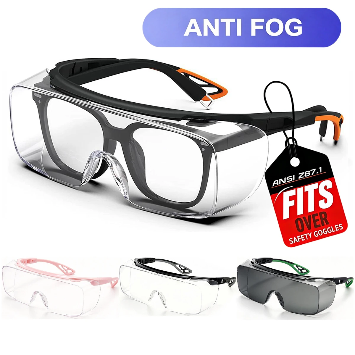 Adjustable Safety Glasses over Glasses ANSI Z87.1 with Anti-Fog Scratch Resistant Lenses And Side Protection HM6