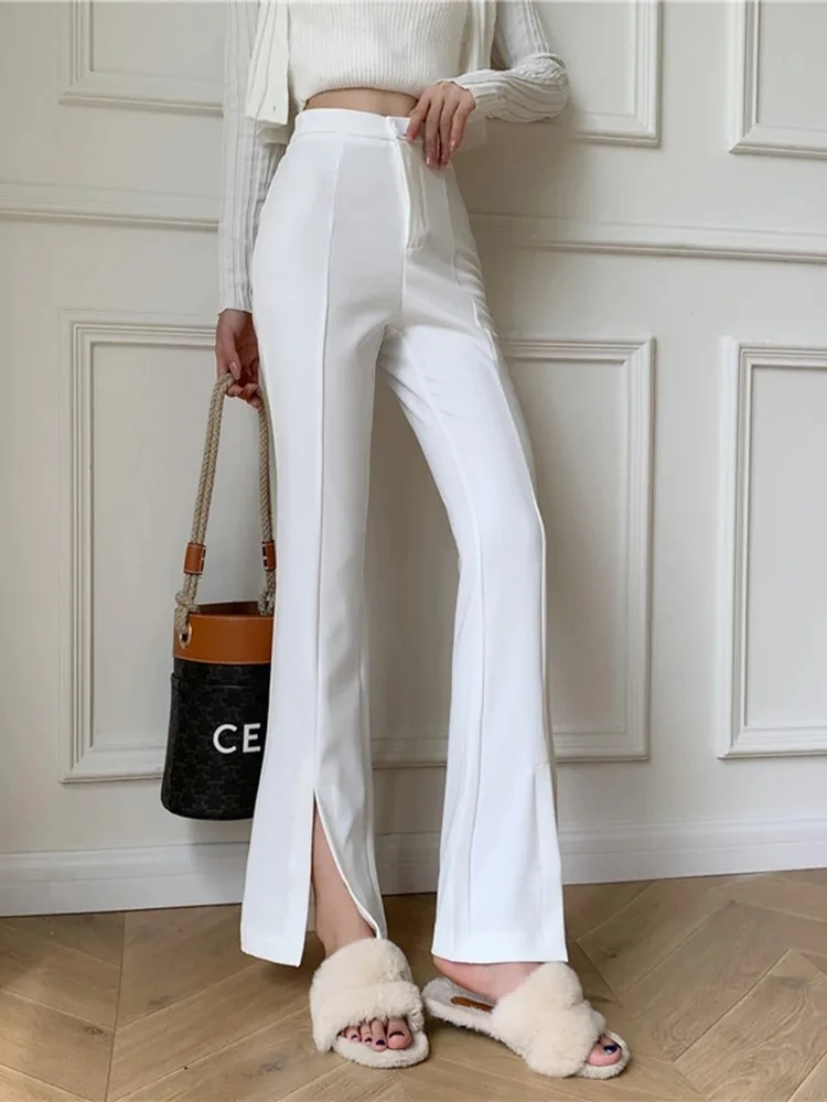 Flared Pants Women's High Waist Slim Casual Chic Wide Leg Split Trousers Elegant Black White Suits Pants