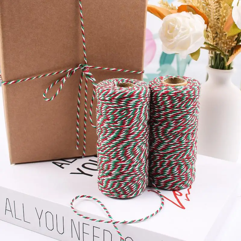 100m X 2mm Cotton Cord Red Green White Mixed Color Hang Tag String Rope Twine For DIY Gift Wrap Ribbon Christmas Decor Supply