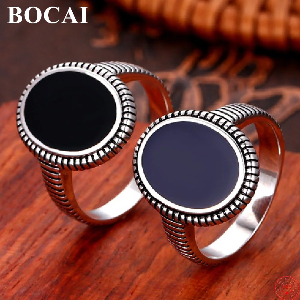 

BOCAI S925 Sterling Silver Opening Rings 2021 Popular Black Crystal Glue Hand Ornaments Pure Argentum Gem Charm Jewelry Women