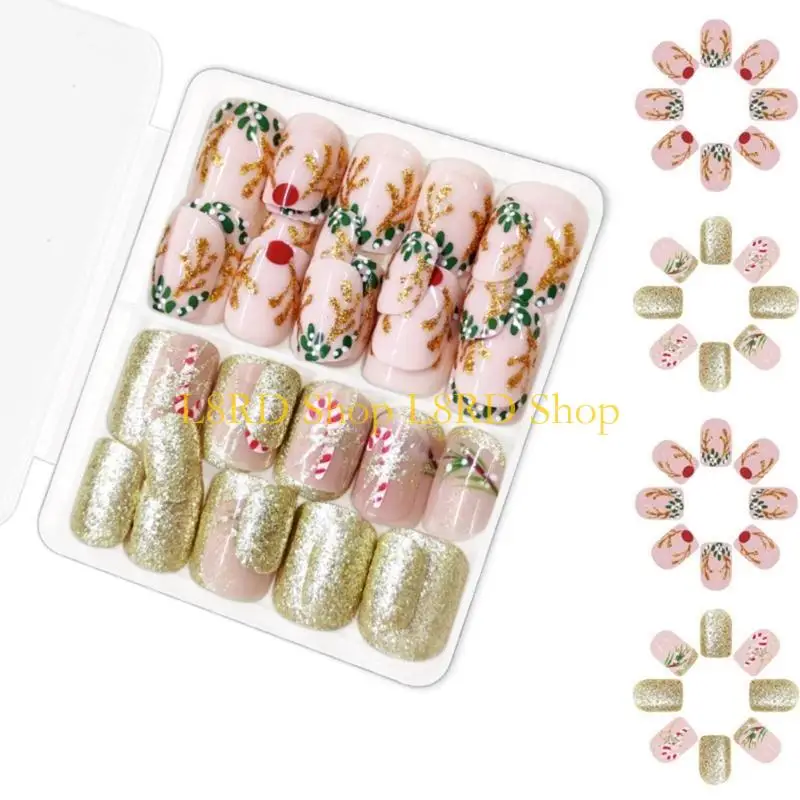 L8RD 48 Pcs Christmas Artificial Short Square False Candy Cane Full Cover on Elk Press On