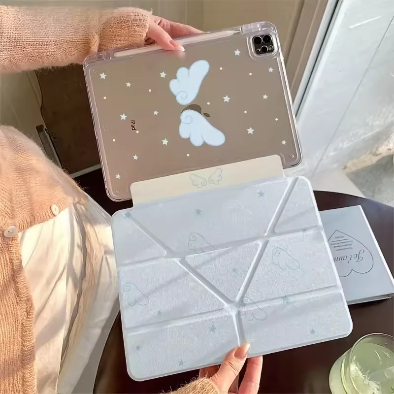 Polka Dot Angel Wing For iPad Case iPad Air 4 5 6 Pro 11 12.9in 13 M4 10.9 10.2 Mini 7 6 10th Y Folded Edge Case with Pen Holder