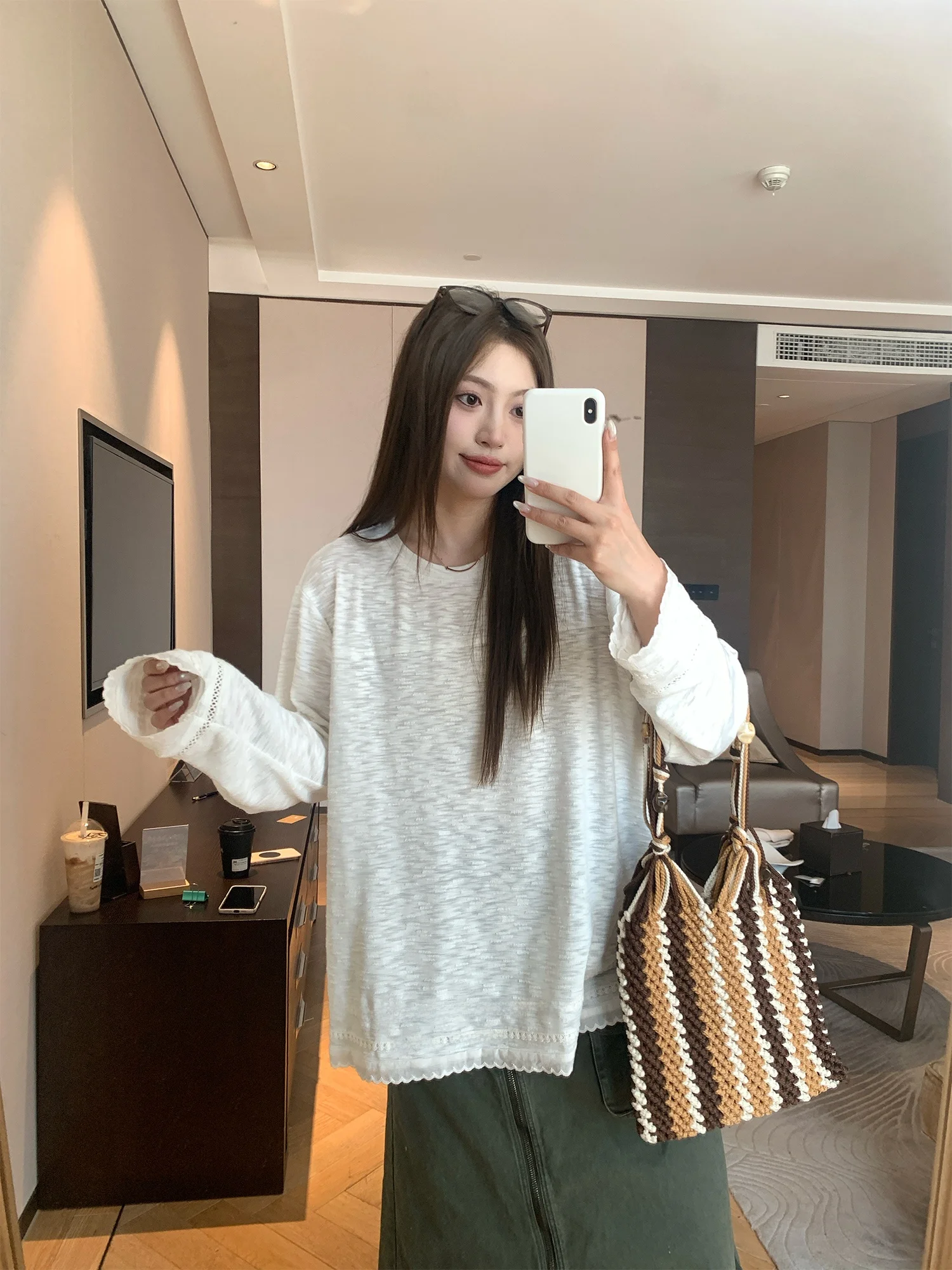 

NAZ plus Size T-irt Korean Sle Spring Casual Patchwork Snowflake Cotton Versatile Loose Fit Long Sve round Ne