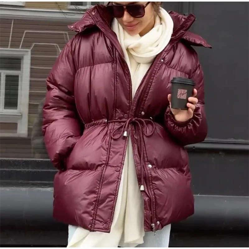 

Casual Stand Collar Zipper Long Sleeves Jackets Women Solid Thicken Cotton Lace Up Detachable Hat Coat Winter Lady Warm Outwear