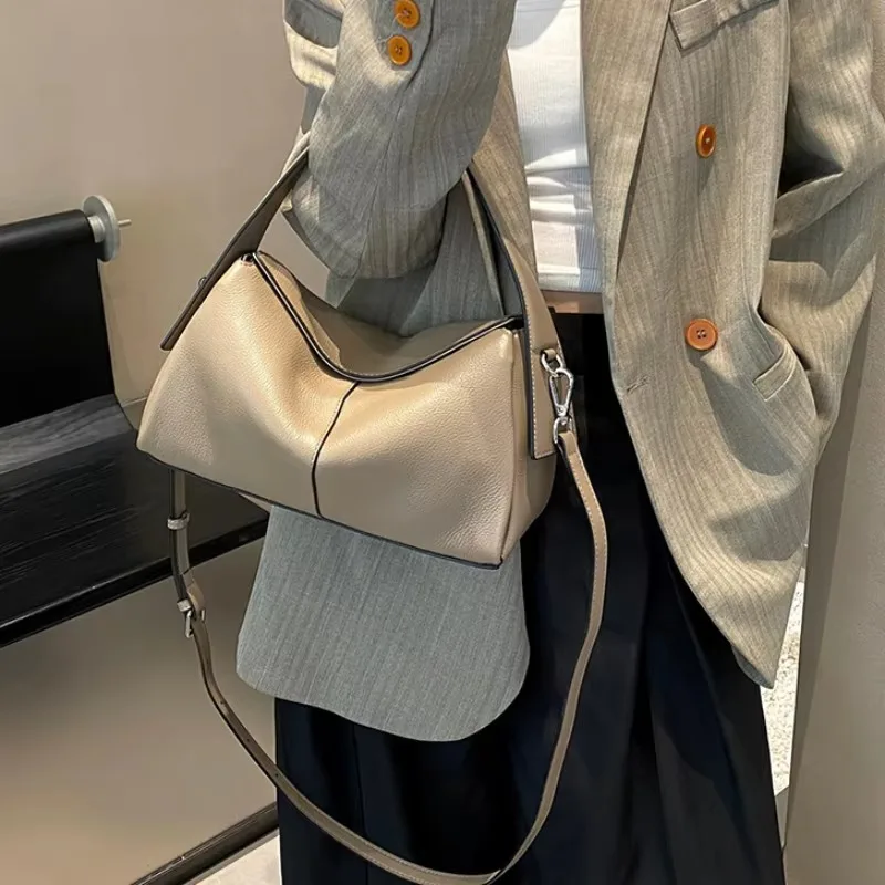 Luxury Leather Shoulder Bag Minimalist Women Soft Cowhide Crossbody Bag Magnetic Design Casual Handbag For Daily Commute & Work