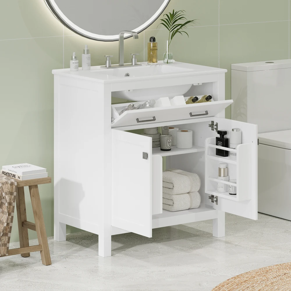 30 Inch Bathroom Vanity with Ceramic Sink, Modern Bathroom with 2 Doors and 1 Shelf, Soft Closed Door Bedroom Furniture