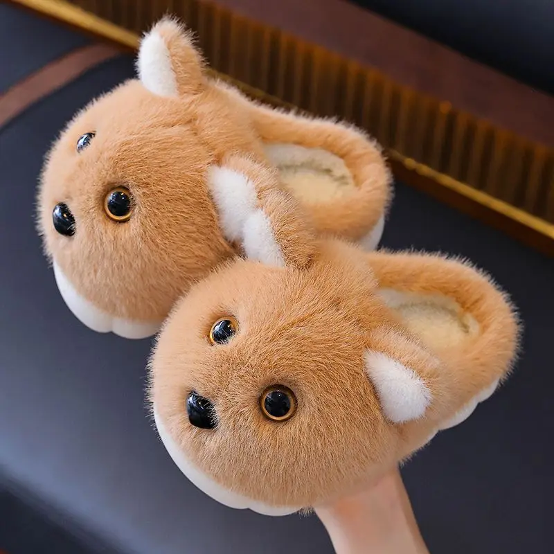 Kids'Slippers Plush Cartoon Winter Flat Shoes For Children Anti-slip Thick Bottom Home Slipper Pink Brown Shoes Size 24-37