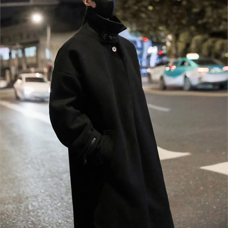 Men's Stand Collar Woolen Trench Coat Men Side Buttons Casual Loose Korean Style High-end Winter Thick Elegant Fashion Overcoat