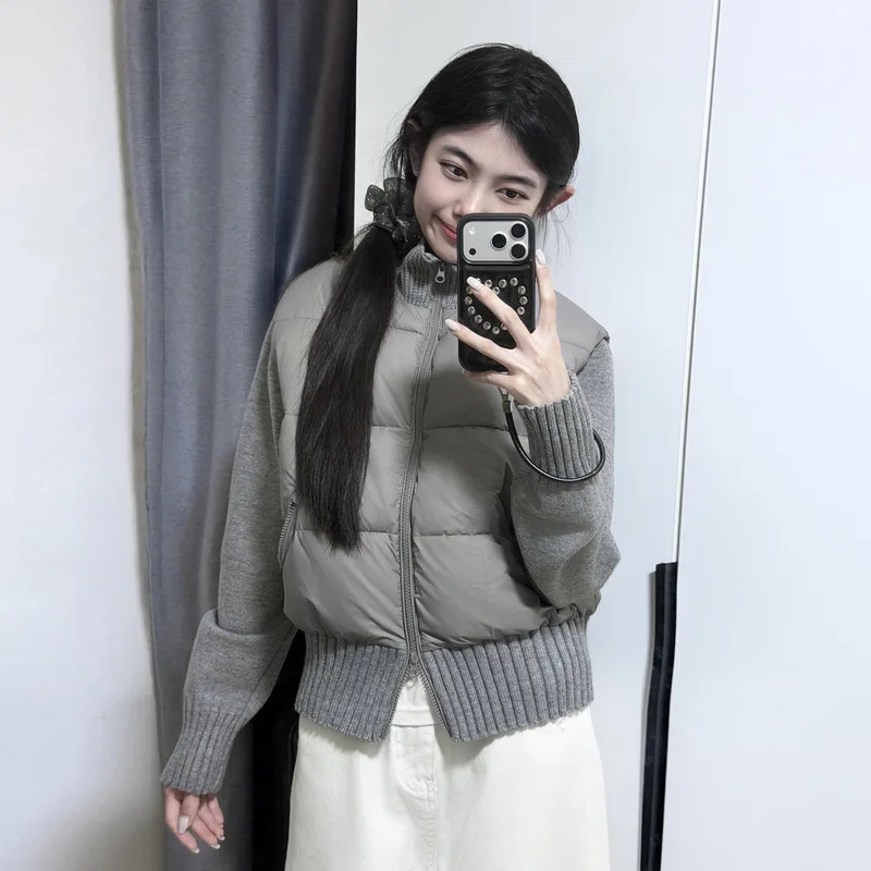 

2025 Super Beautiful Thick Cotton Clothing Women's Knitted Splicing Winter Coat Short Stand up Collar Wear Women's Style