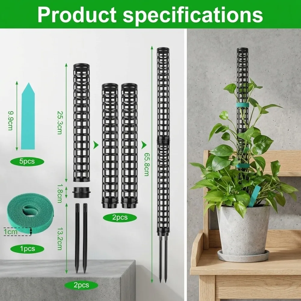Plant Support System for Climbing Plants Includes Plastic Moss Poles Fabric Ties Identification Tags and Brackets for Full Setup