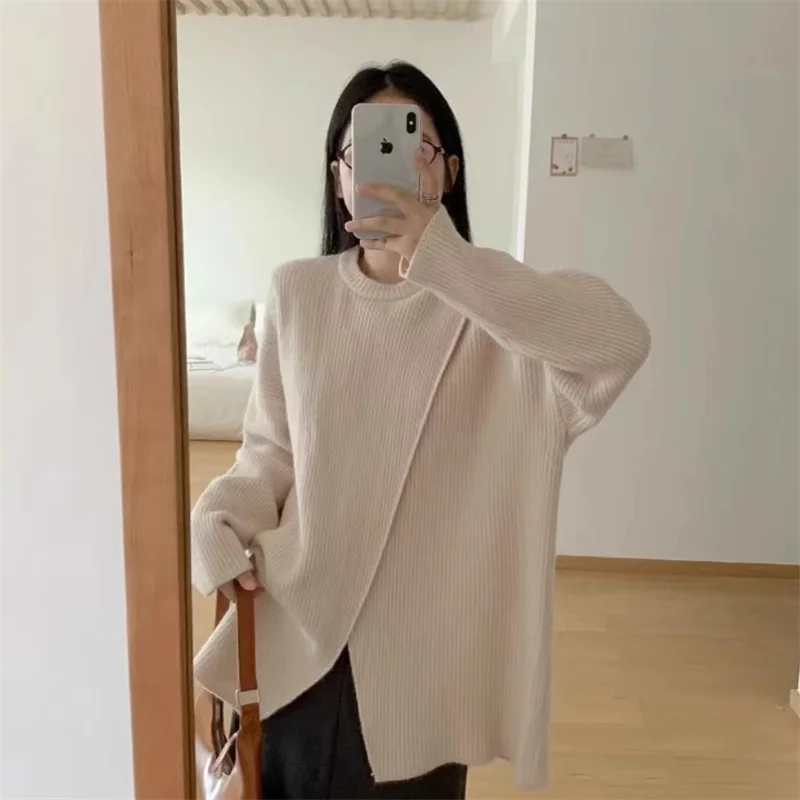 Pullovers Women Slit Irregular Simple Loose Casual Knitted Sweaters Autumn Korean Style Tender Temper Female All-match New 2024