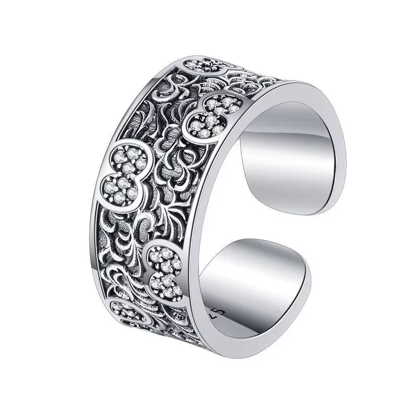 

BOCAI S925 Sterling Silver Niche Finger Ring Court Style Plant Pattern Tang Grass Micro-inlay Heavy Industry Women's Ring Fine