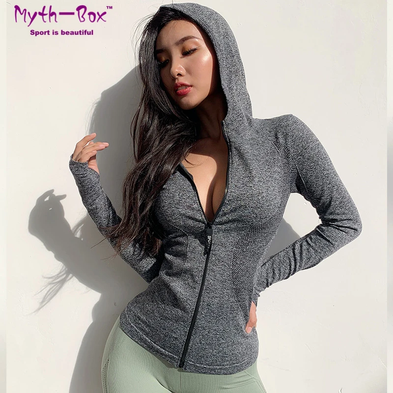 Women Sport Jacket Zipper Yoga Coat Clothes Quick Dry Fitness Jacket Running Hoodies Thumb Hole Sportwear Gym Workout Hooded Top