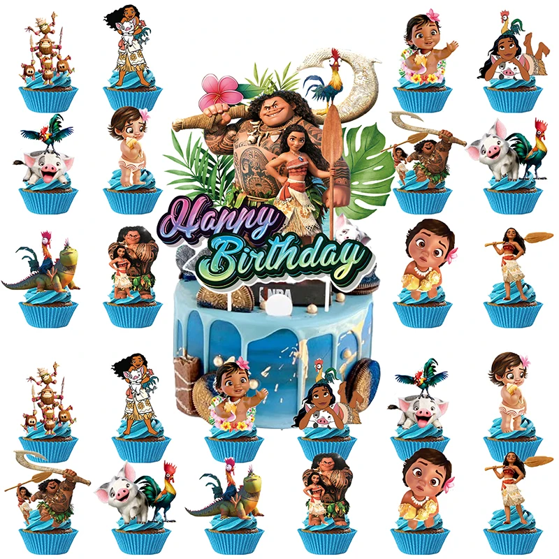 25pcs Disney Moana Inspired Cupcake Toppers Moana Cake Decoration Birthday Party for Tropical Baby Shower Wedding Decor