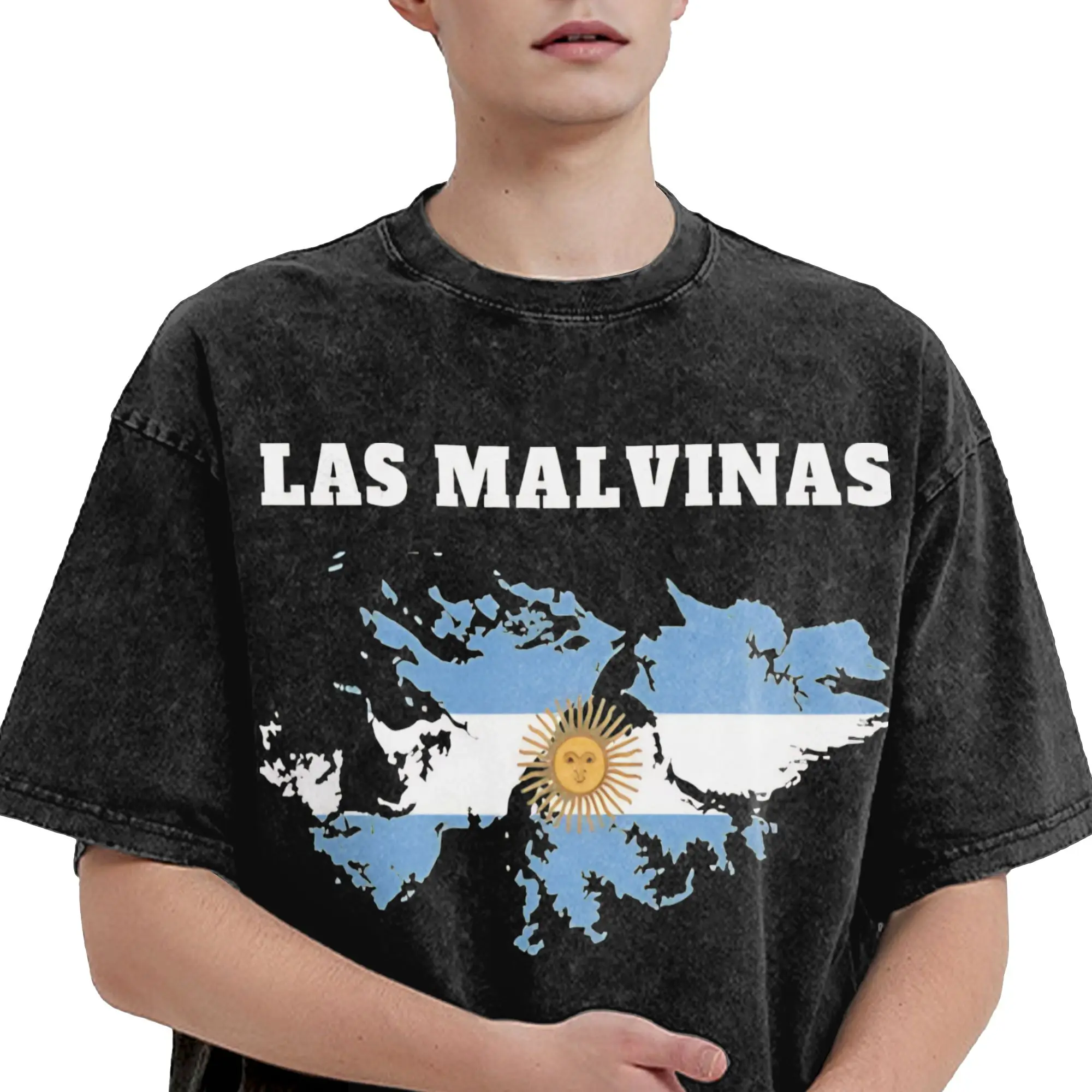 Las malvinas argentina soccer football T Shirt Hip Hop Washed Cotton Harajuku T-Shirt  Vintage Men Women Streetwear