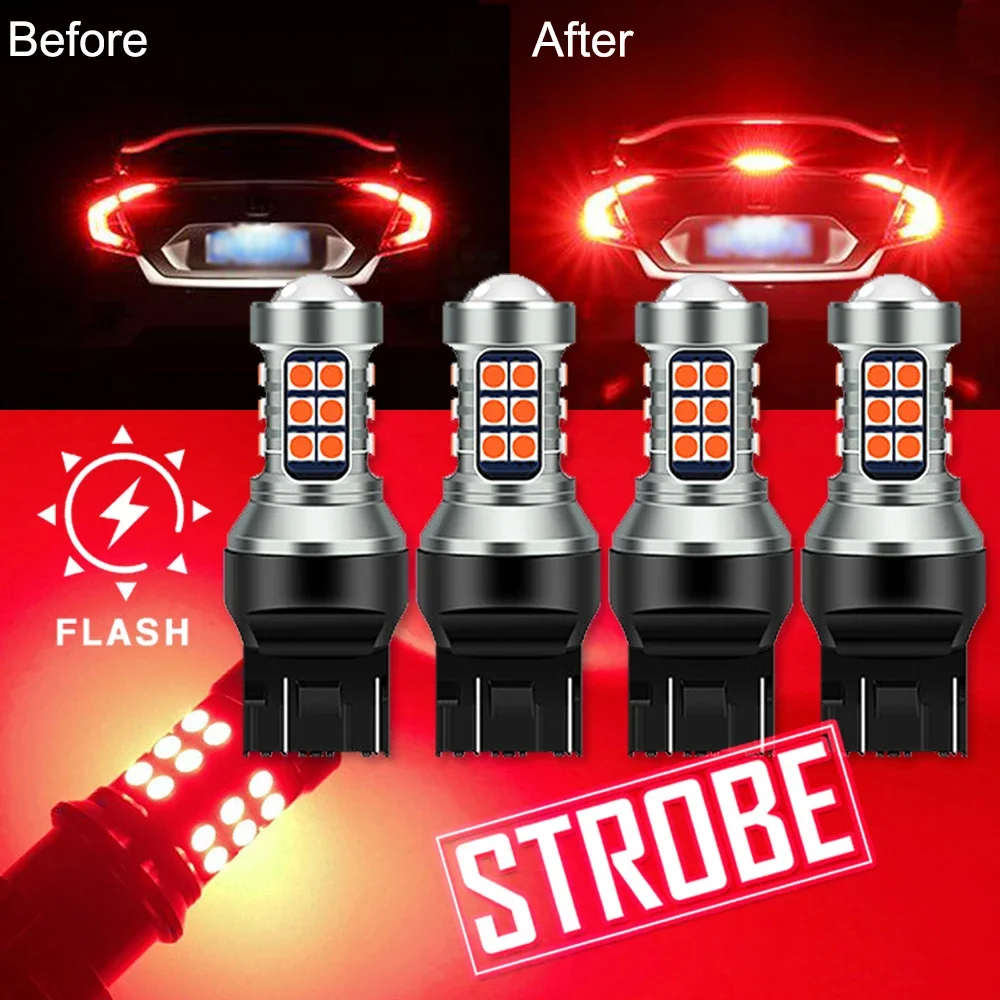 4Pcs 7443 W21/5W LED Red Flashing T20 7440 WY21W 3157 P27/7W P27W LED Bulb for Car Brake Stop Light Flash Auto Tail Lamp