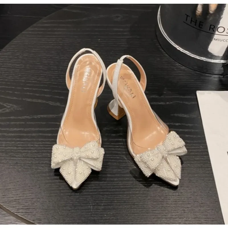 Fashion Design White Pearl Bowknot Women Pumps Sexy Pointed Toe High Heels Wedding Prom Shoe PVC Transparent Sandal Female view 6