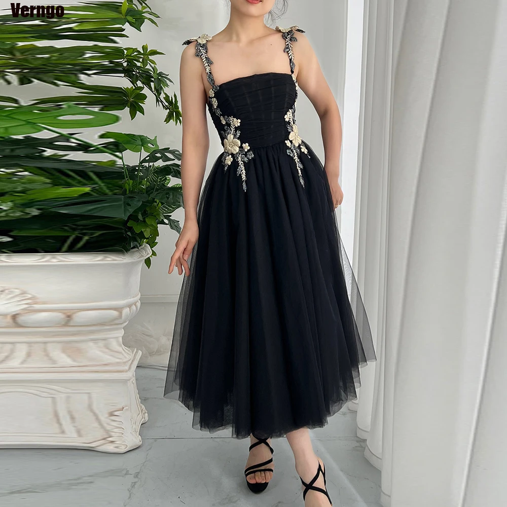 Verngo-Robe de Rhen tulle noir, ligne A, bretelles spaghetti, sans bretelles, appliques à lacets, robe de soirée, fête d'anniversaire, 2024