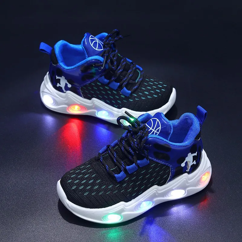 Kids'Casual Shoes Mesh Led Light Spring Outdoor Running Shoes For Children Breathable Anti-slip Designer Red Blue Size 21-36