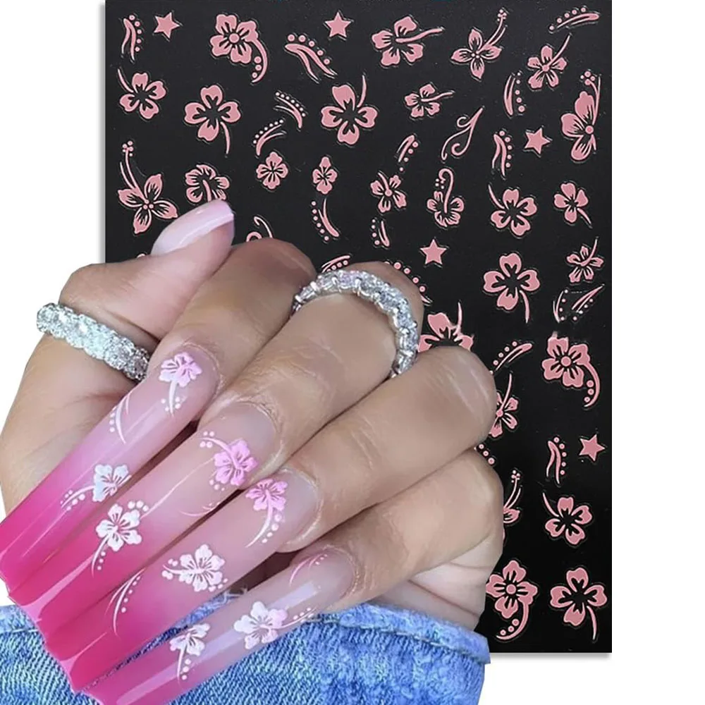 Hibiscus Flowers Nail Art Stickers 3D Flowers Hibiscus Nail Decals Self-Adhesive White Pink Gold Manicure Tropical Nail Slider