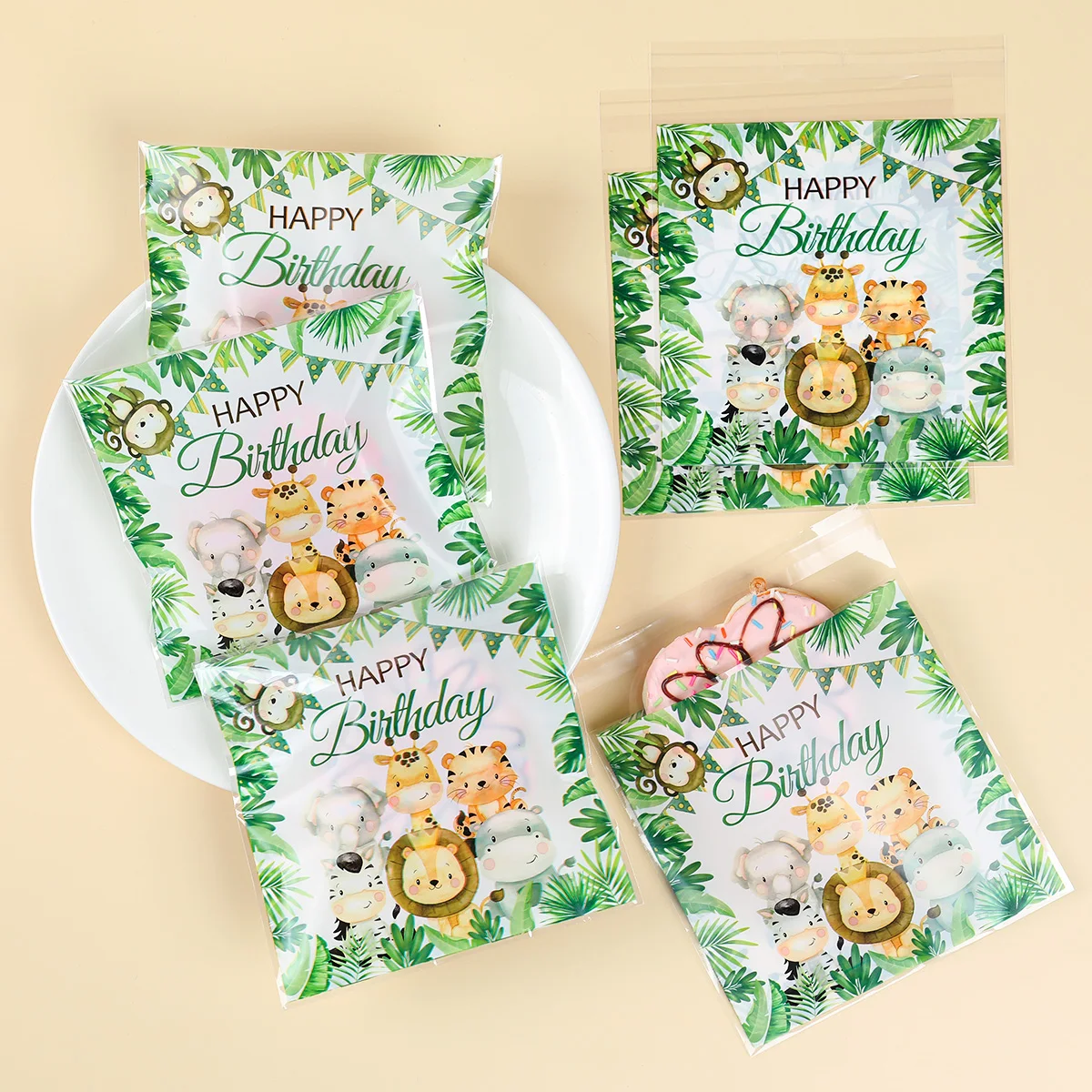 

50pcs Jungle Animal Pattern Square Self-Sealing PE Gift Bag Cooking Cookie Bags Safari Theme Birthday Friend Party Gift Wrapping