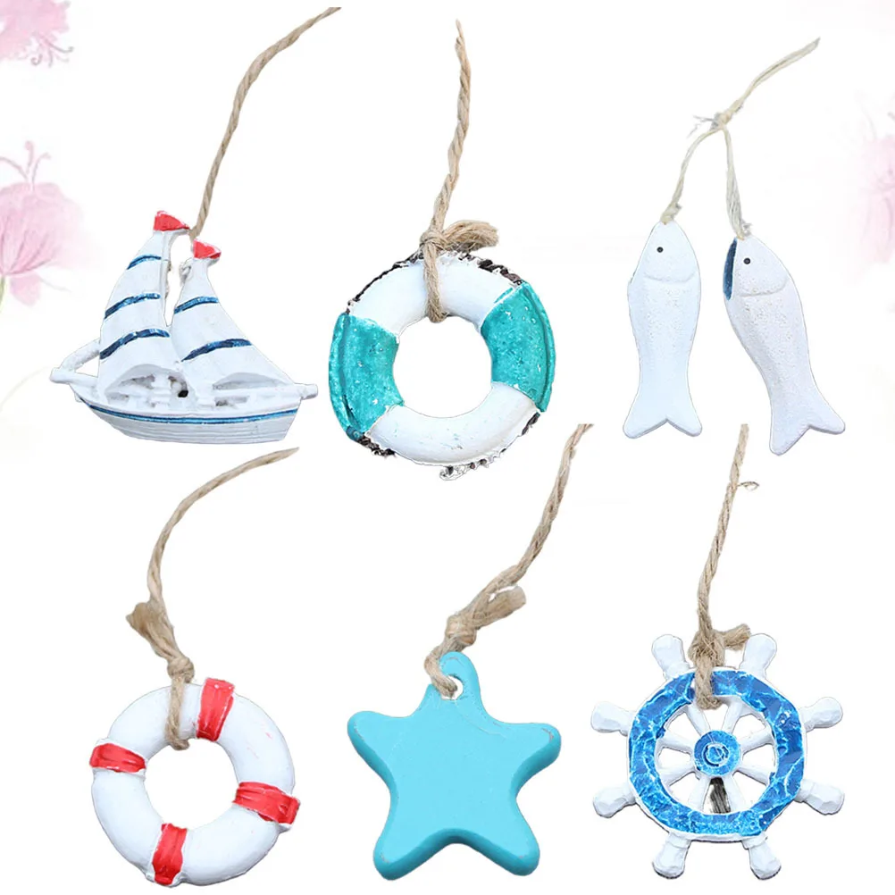 

6pcs Mini Net Decor With Sea Star Resin Pendant Mediterranean Hanging Ornament For Home Wall Table Decoration Small Figurines