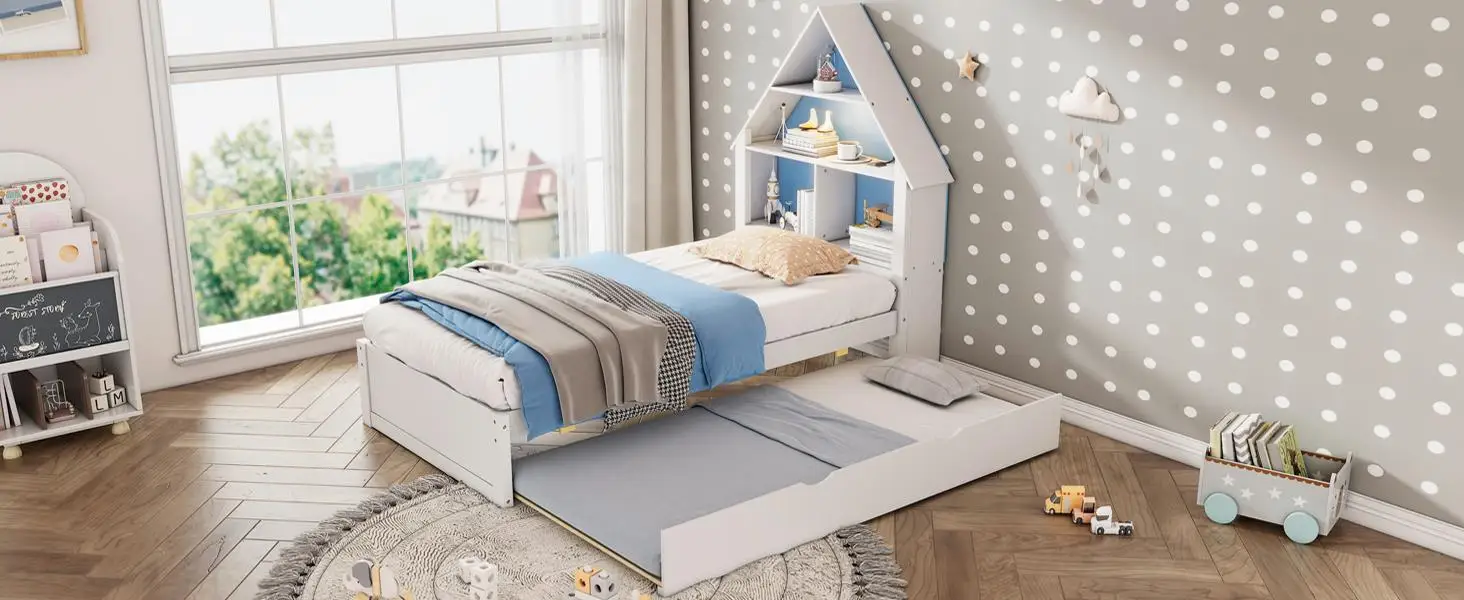 Blue & White Twin House Bed with Bookcase Headboard, Light & Trundle for kids - Perfect for Boys & Girls