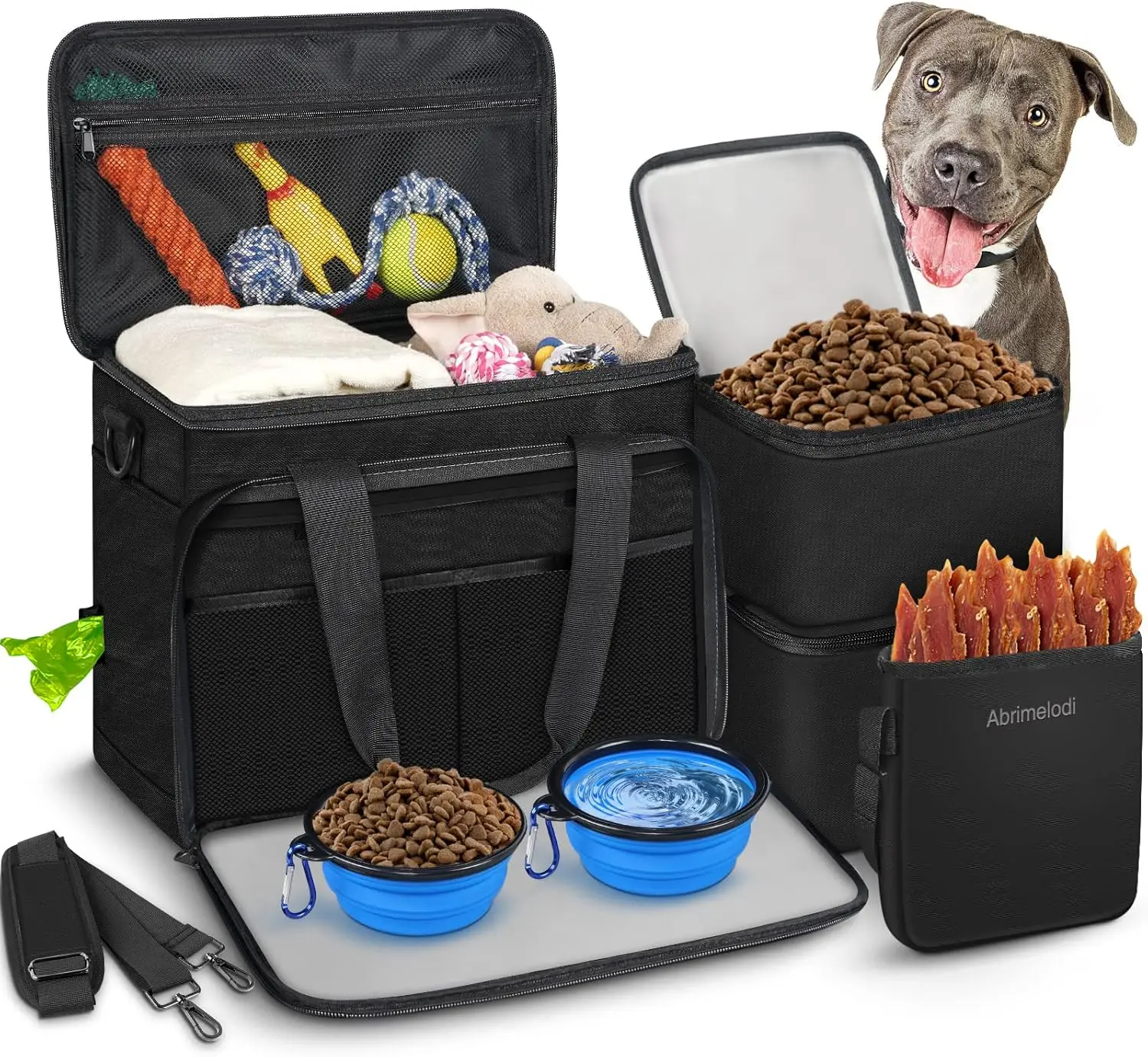 Juego de 6 Bolsas de Viaje para Perros con Contenedores de Alimentos, Tazones y Organizador para Viajes de Fin de Semana, Negro