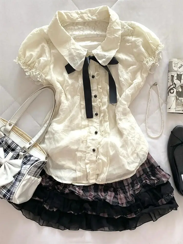 

Sweet Bow Lolita 2 Piece Set Women Puff Sleeve Ruffle Blouse + Plaid Ruffled Mini Skirt Suit Cute Design Preppy Outfit 2025 New