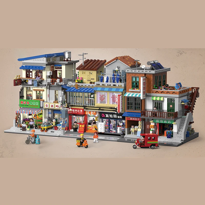 City Urban Village Street Community Architecture Building Blocks Wage Earner Rental House Life Circle Store Model Bricks Toys