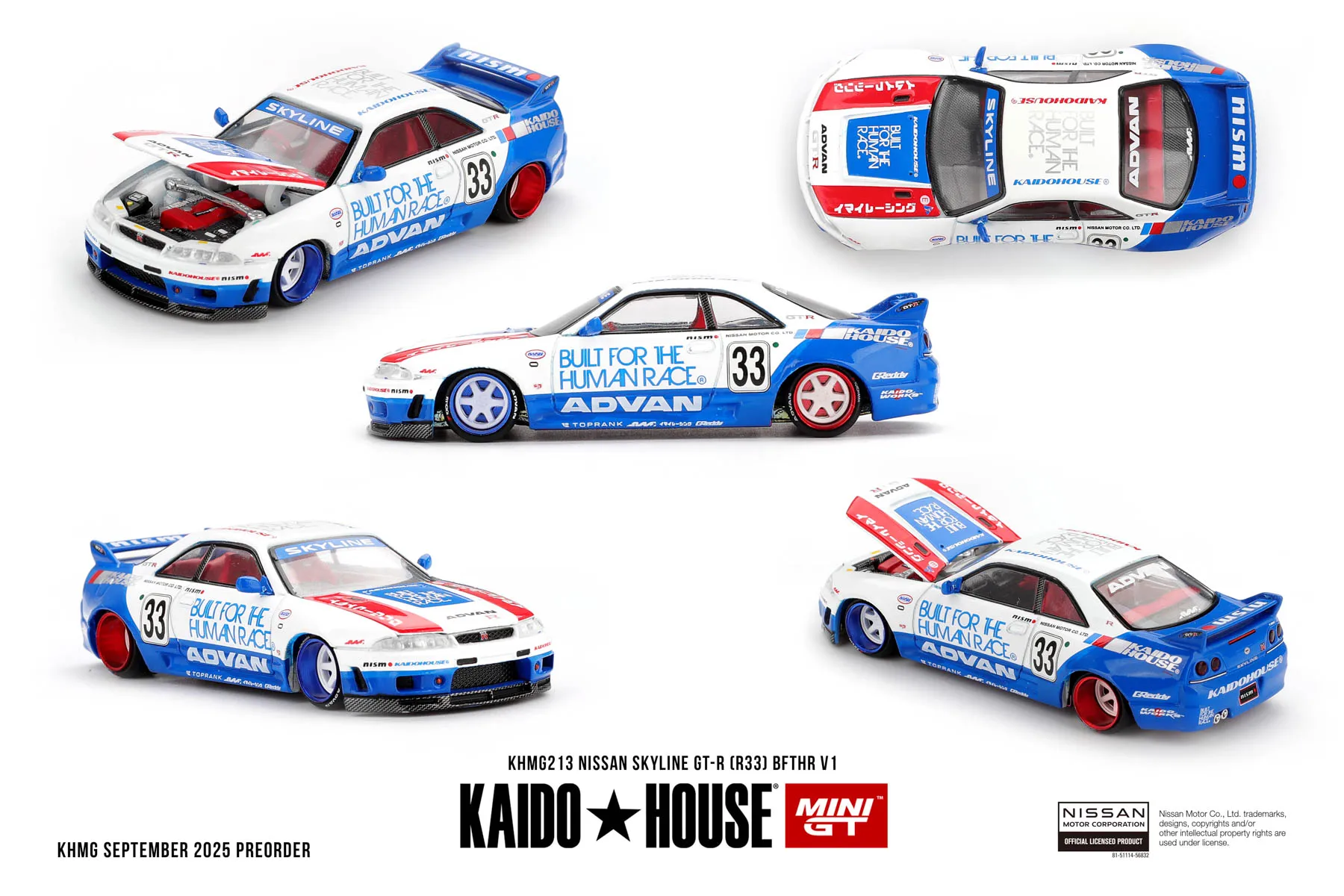 Kaido House + MINIGT 1/64 Nissan Skyline GT-R (R33) BFTHR V1 KHMG213-CH Autos Legierung Druckguss Metallmodell