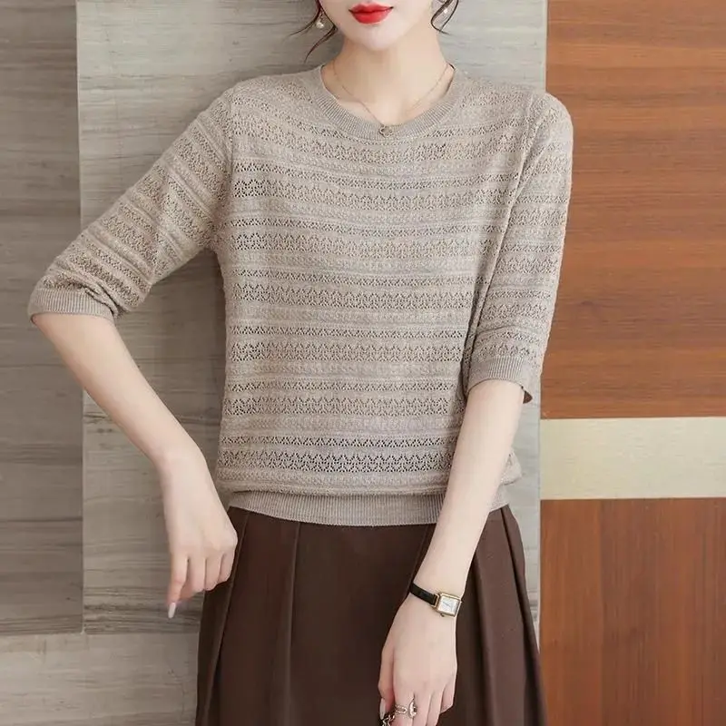 Simplicity Office Lady Spring/Summer Thin Style Women\'s O-Neck Solid Hollow Out Fashion Versatile Half Sleeve Loose Knitted Tops