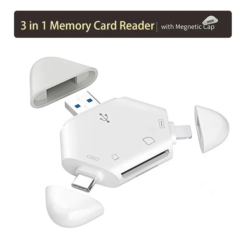 FC&EC 3 In 1 Memory Card Reader With Triangle Magnetic Cap USB-C USB Lightning Port Support TF/SD For PC Laptop MacBook Phone