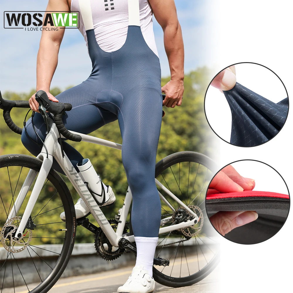 WOSAWE Cycling Bib Pants Summer Men Bicycle Sponge Pad Long Pants High Elastic Breathable MTB Bike Pants Tight Riding Trousers