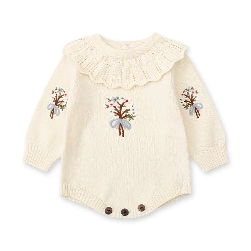 Infant Baby Girls Long Sleeve Sweet Embroider Knit Jumpsuit Spring Autumn Newborn Kids Baby Girls Clothes Rompers