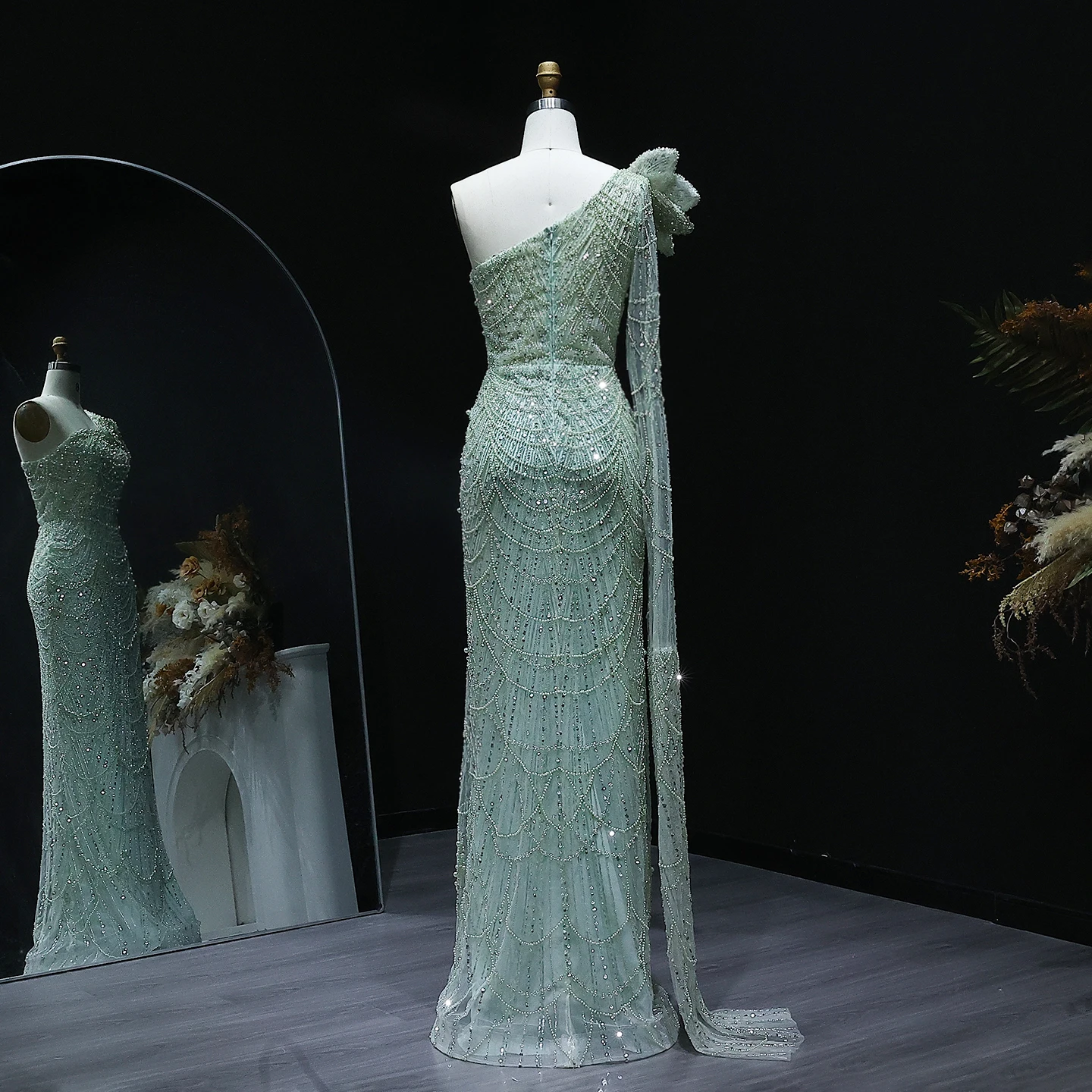 Sharon Said Luxury Pearls Sage Green One Shoulder Evenng Dress Cape Sleeves 3D Flower Women Wedding Party Gowns SS688 Customized image 2