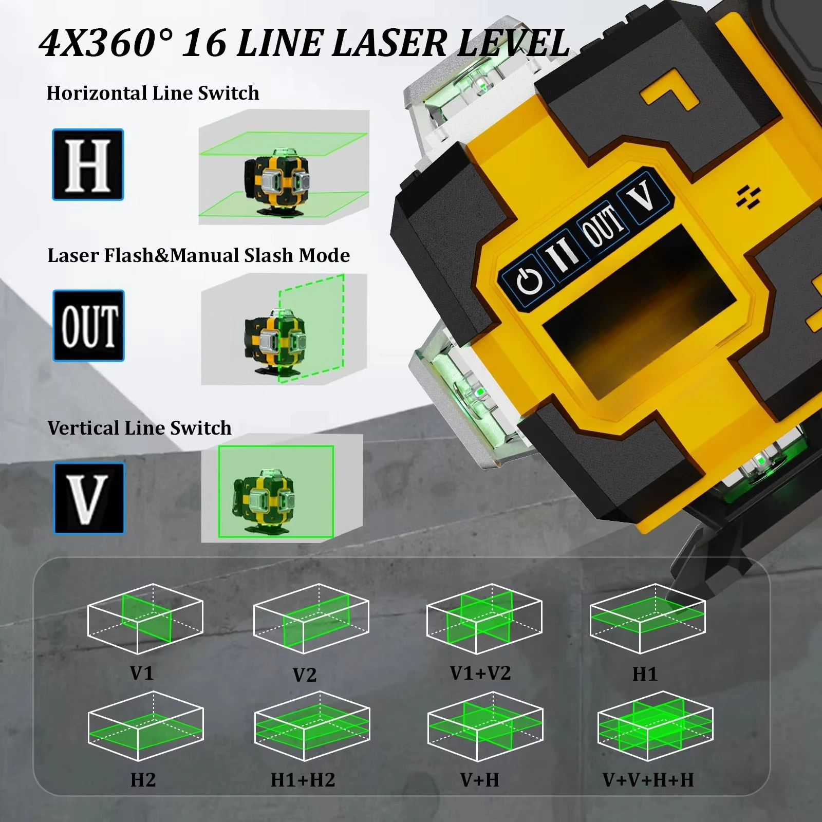 16 Lines Laser Level with 2 X Rechargeable Lithium Batteries, Electronic Self-Leveling