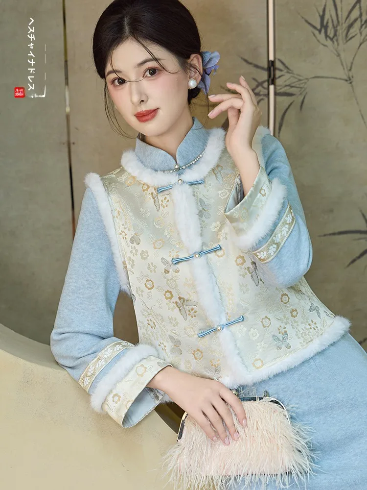 新しい中国風の国民的トレンドチャイナドレスセットベスト秋冬改良された長袖フリース裏地ティーコスチューム美しいデイリードレス