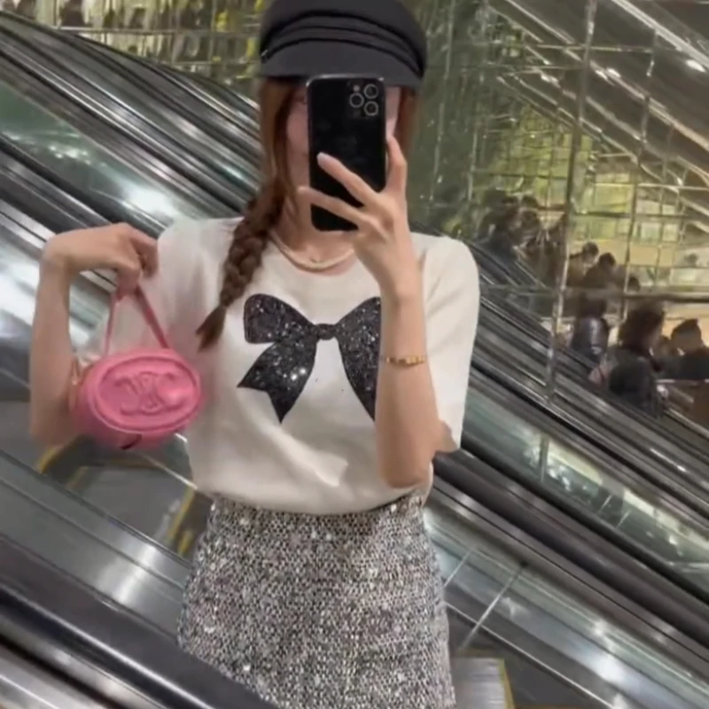 Women T-shirts Comfortable Simple Cozy Summer Fitness Bow Short Sleeve Casual All-match Sweet French Style Sequined Clothing Ins