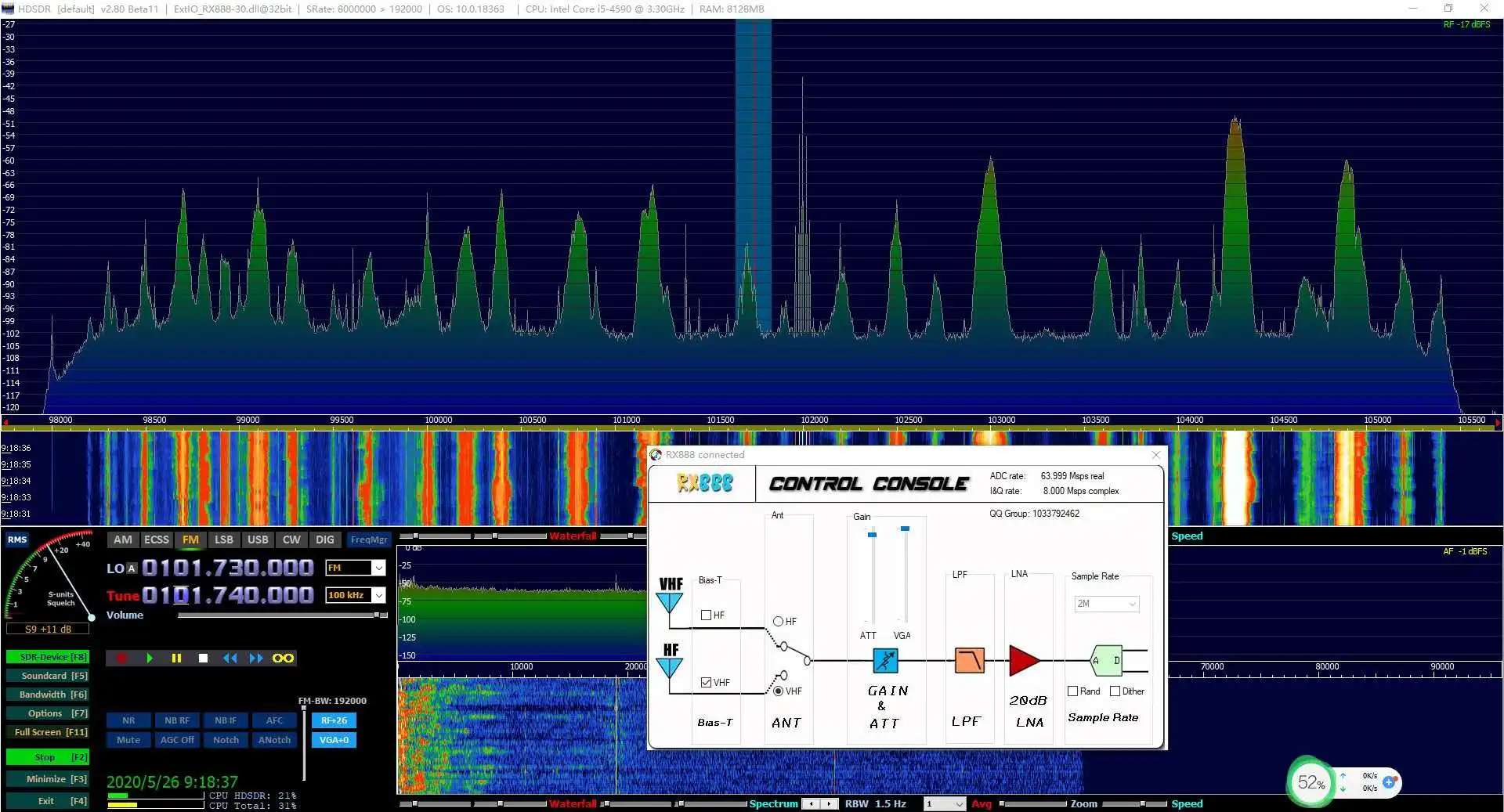 RX888 odbiornik radiowy ADC SDR 1KHz-1.8GHz 16-bitowy samplowanie bezpośrednie 32Mhz HF UHF VHF USB 3.0 HDSDR