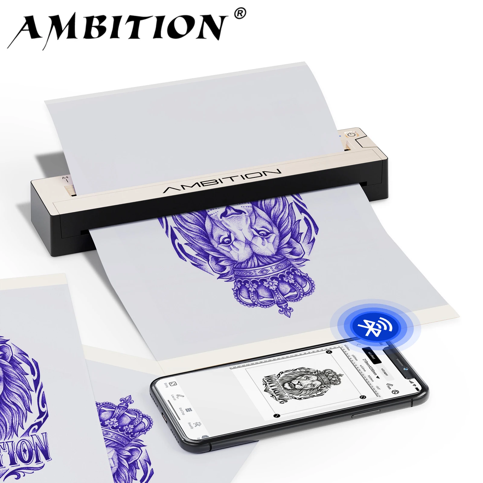Ambition Wireless Portable Thermal Tattoo Printer Inkless Transfer Machine A4 HD Printer Bluetooth USB Phone & PC For App